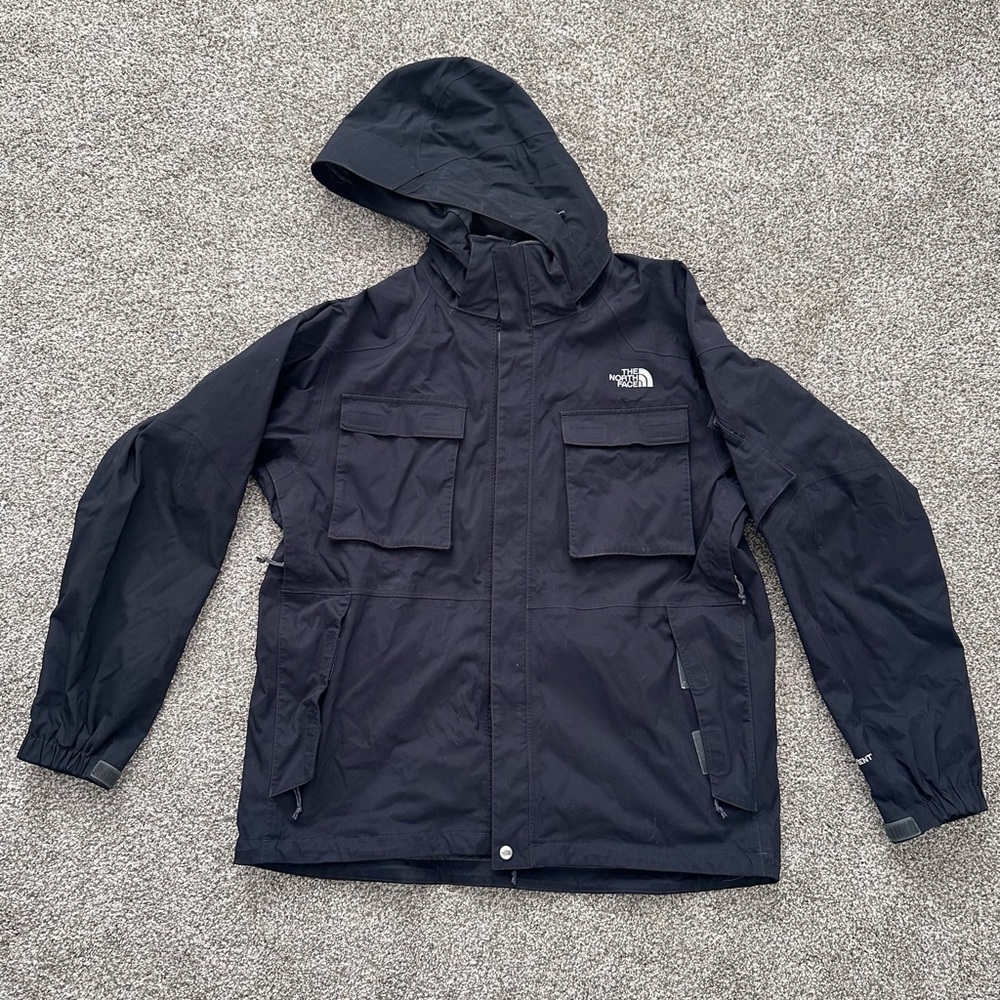 The North Face Black Hooded Raincoat with Multiple Front Pockets